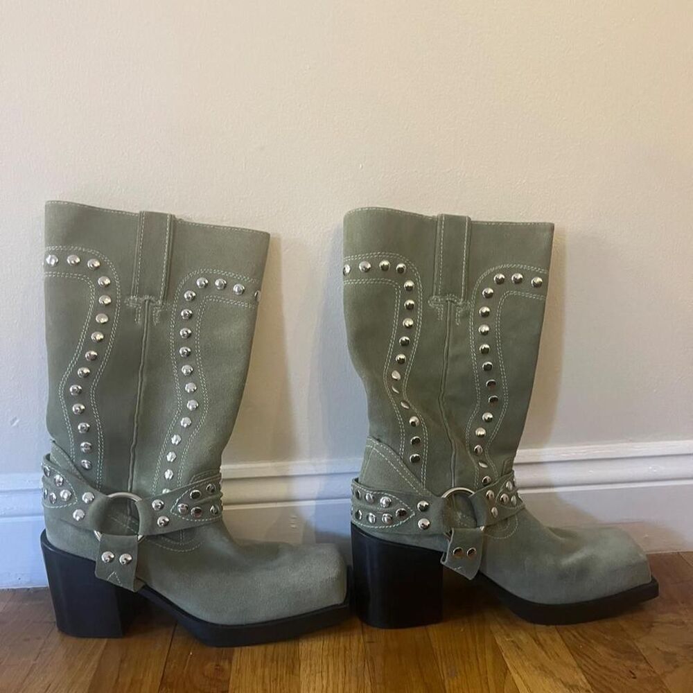 Jeffrey Campbell Juvenile-S Olive Green Suede Studded Western Boots Size 11 - Picture 3 of 8